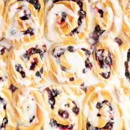 overhead view of glazed Lemon Blueberry Sweet Rolls