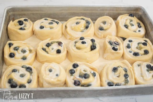 Lemon Blueberry Sweet Rolls in a baking pan unbaked