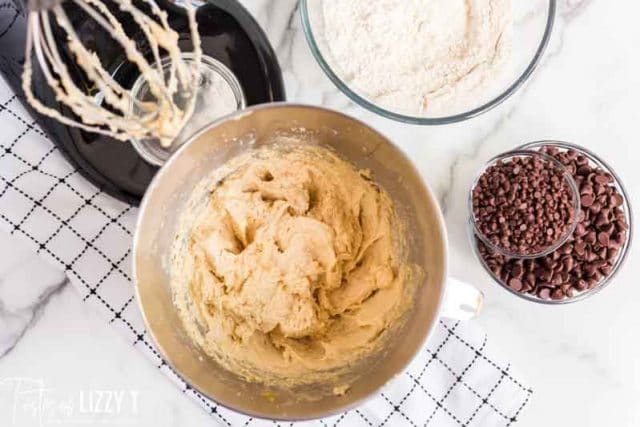 cookie dough batter in a mixing bowl