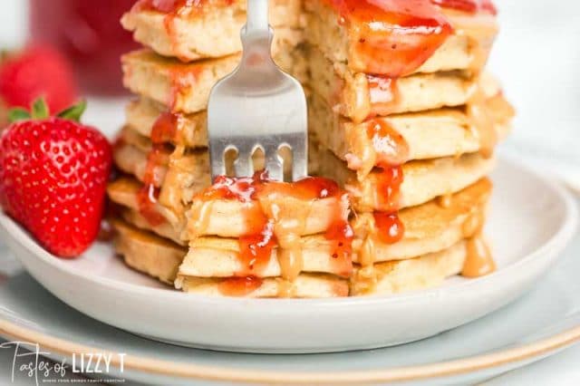 peanut butter & jelly pancakes on a fork