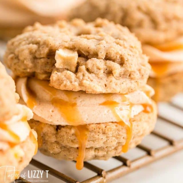 closeup of caramel dripped cookie sandwiches