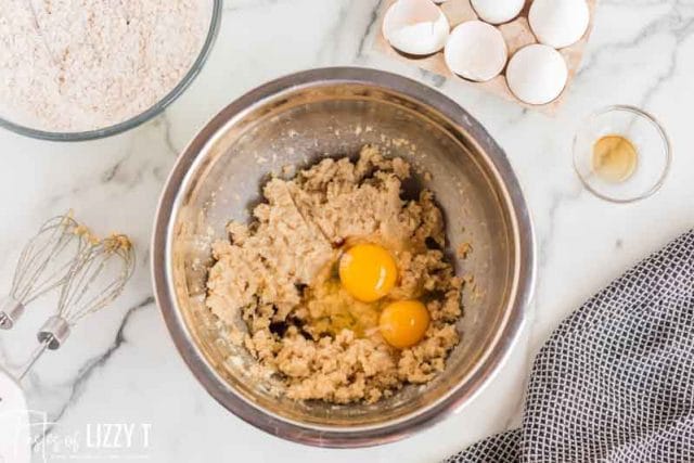 mixing cookie batter in a bowl