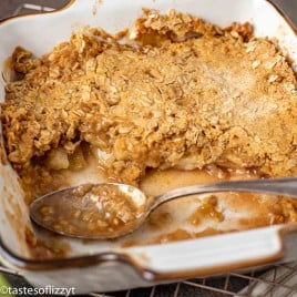 apple crisp in a baking pan half gone