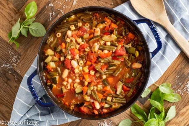 overhead view of a pot of soup