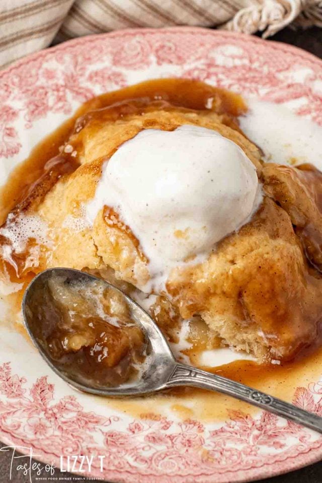 apple dumpling and ice cream on a plate