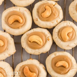 caramel cashew cookies on a wire rack
