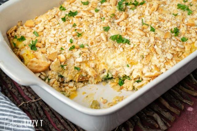 creamy chicken casserole in a baking pan