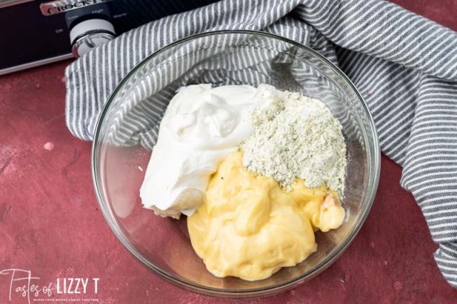 sour cream, soup and ranch dressing in a bowl