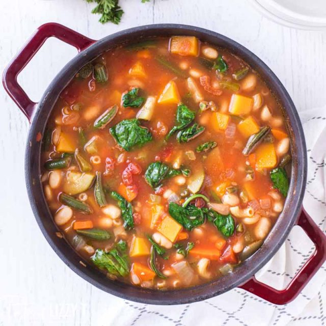 overhead view of pot of soup
