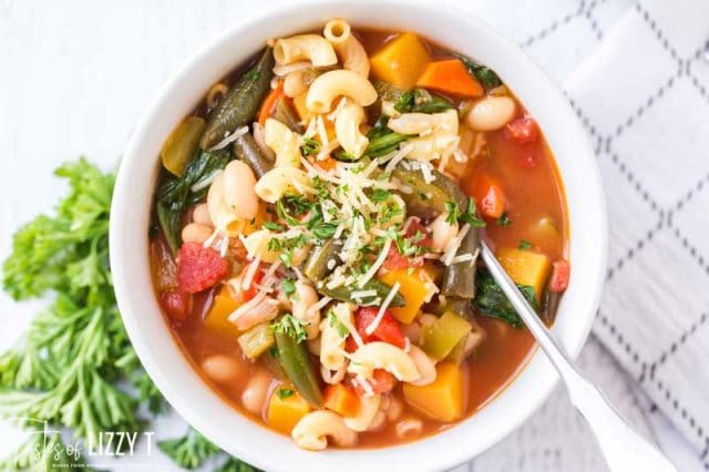 overhead view of bowl of soup