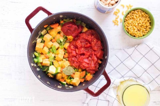 soup pot with veggies and tomatoes