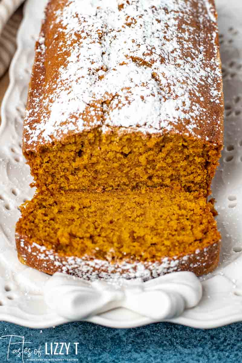 overhead view of loaf of pumpkin bread