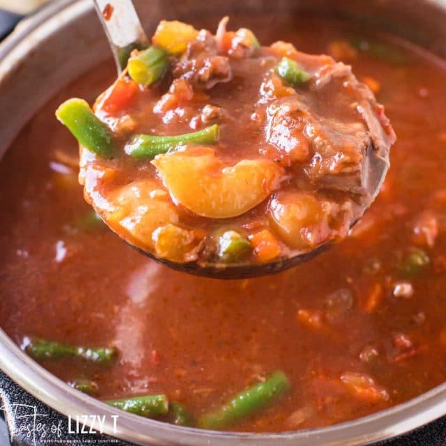 vegetable soup on a ladle