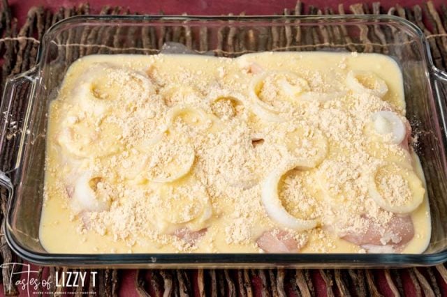 chicken, onion, cheese and gravy in a casserole