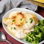 oven baked chicken and gravy with vegetables