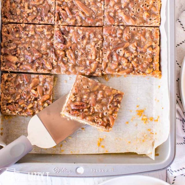 pecan pie bars cut in baking pan