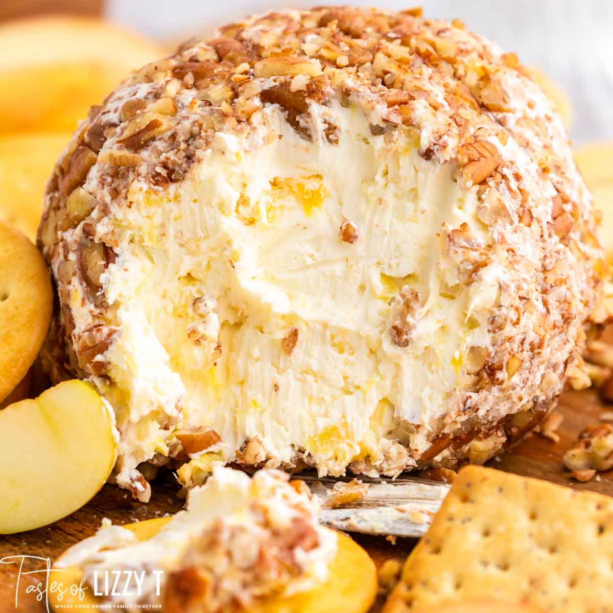 closeup of pineapple pecan cheese ball