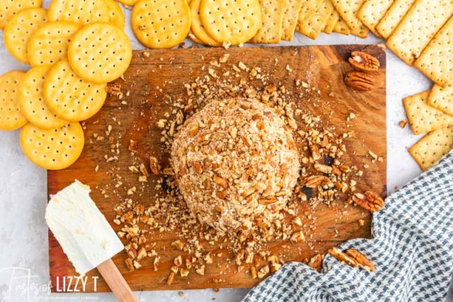 overhead view of cheeseball and crackers