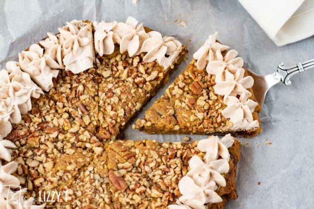 overhead view of pumpkin cookie pie with spatula