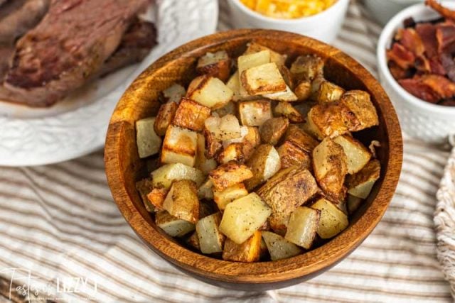 wooden bowl of roasted potatoes