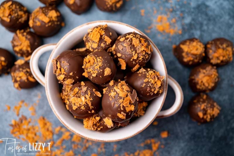 overhead view of nutter butter truffles in a bowl on a table