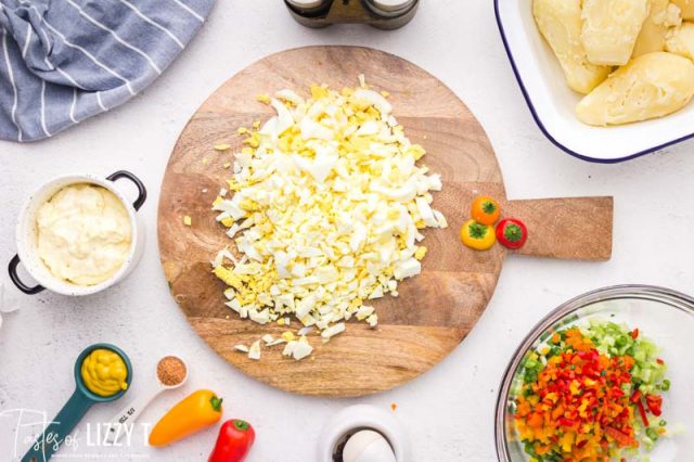 chopped eggs on a wooden board