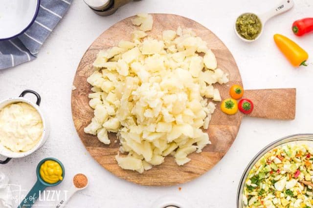 chopped potatoes on a wooden board