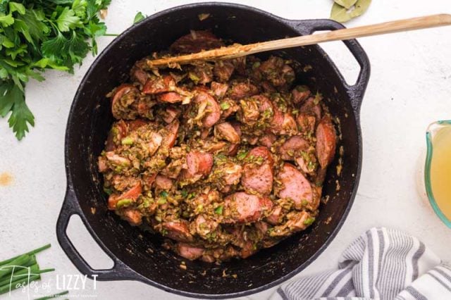 sausage and vegetables in gumbo pot