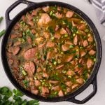 overhead view of a pot of chicken sausage gumbo