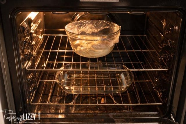 bowl of dough rising in an oven