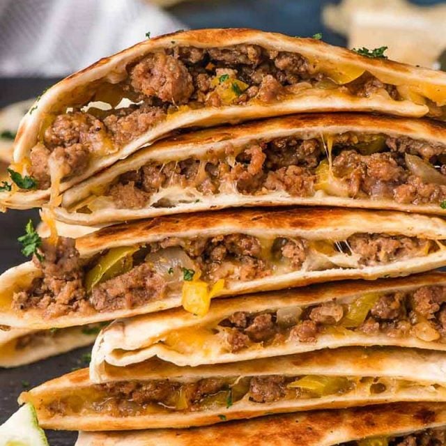 stack of ground beef quesadillas