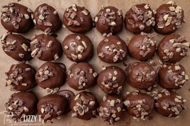 overhead view of peppermint truffles on parchment paper