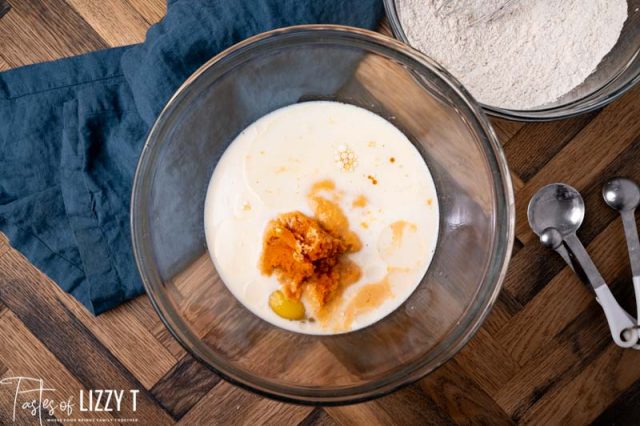 wet ingredients in a mixing bowl