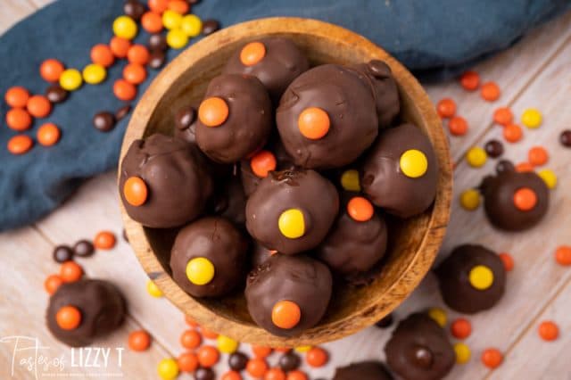 wooden bowl full of reese's chocolate truffles