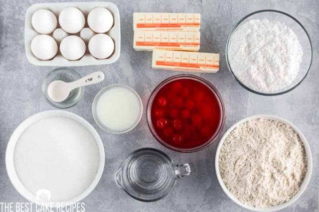 ingredients for shirley temple cake on a table