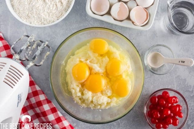eggs and creamed butter in a mixing bowl