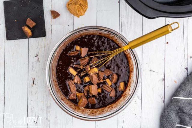 brownie batter with reese's in a mixing bowl