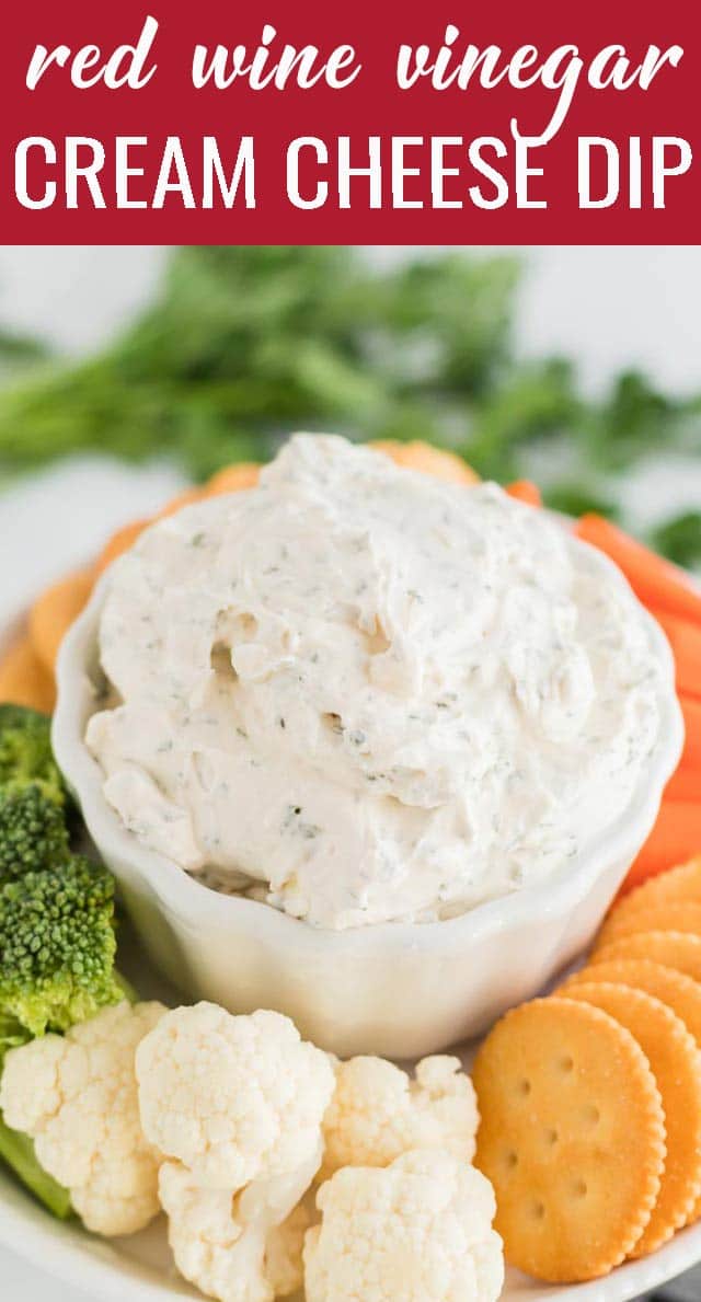 This easy red wine vinegar cream cheese dip is the perfect make ahead dip for veggies, bread, chips and crackers. Perfect for holiday appetizers or any day snacking. via @tastesoflizzyt