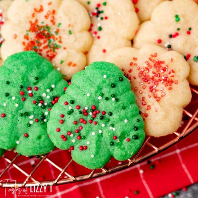 closeup of christmas tree spritz cookies