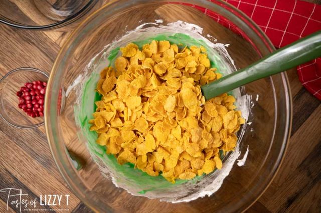 cornflakes in a mixing bowl