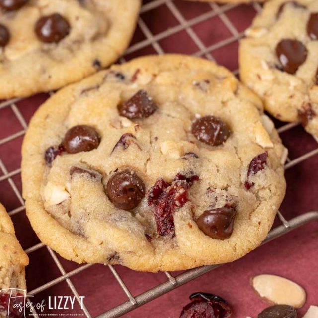 a chocolate chip cookie on a wire rack