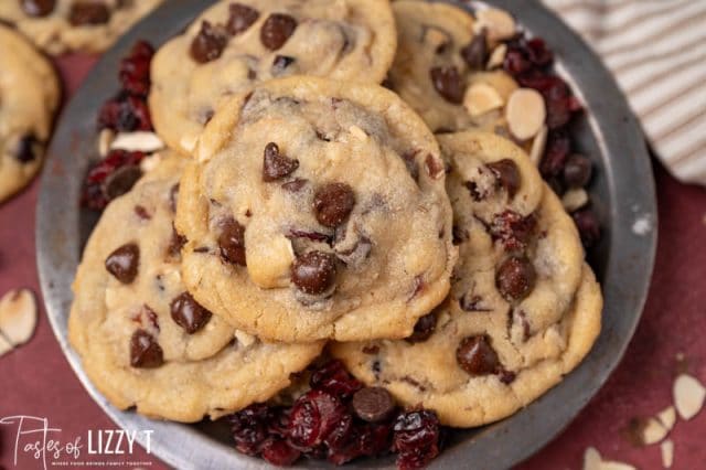 plate of cranberry almond chocolate chip cookies