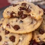 closeup of a chocolate chip cookie with a bite out of it