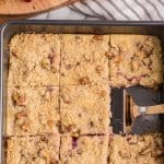 overhead view of cranberry cream cheese bars in a pan