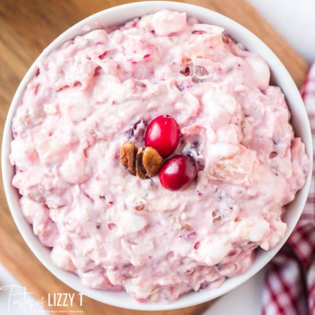 overhead view of a bowl of creamy fruit salad