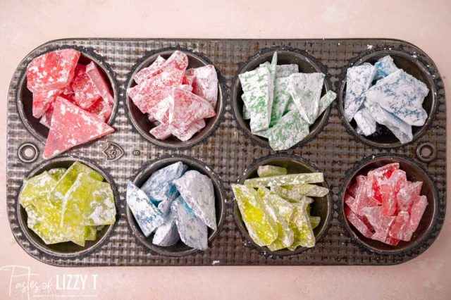 homemade hard tack candy in a muffin tin