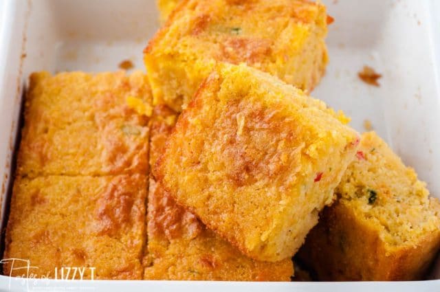 cornbread in a baking pan cut in pieces