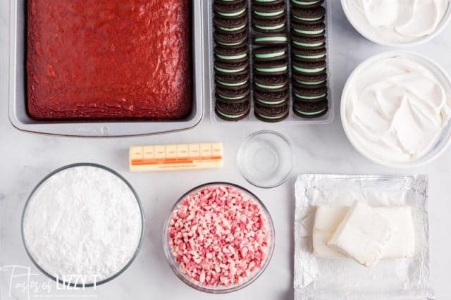 ingredients for peppermint cheesecake trifle on a table