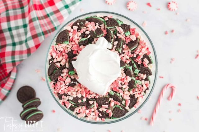 overhead view of peppermint candies with cool whip on top