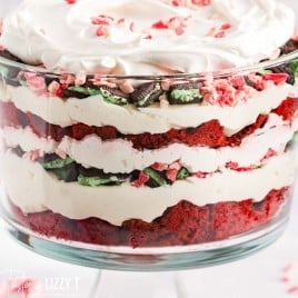 close up of red velvet peppermint cheesecake trifle